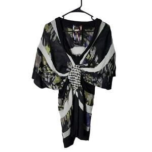 DESIGUAL Blouse Size XS Abstract Pattern Batwing Sleeve Black